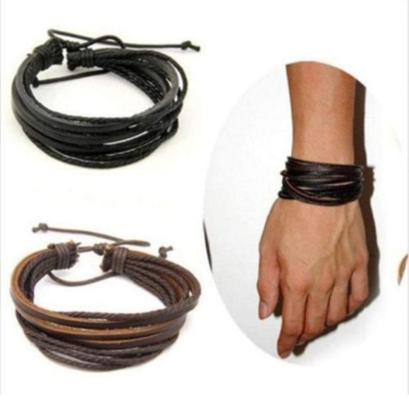 Other - Brown or Black Unisex Layered Leather Tie Bracelet